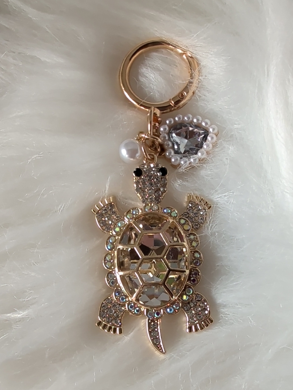 Crystal Turtle Keychain Charm - Gold Tone